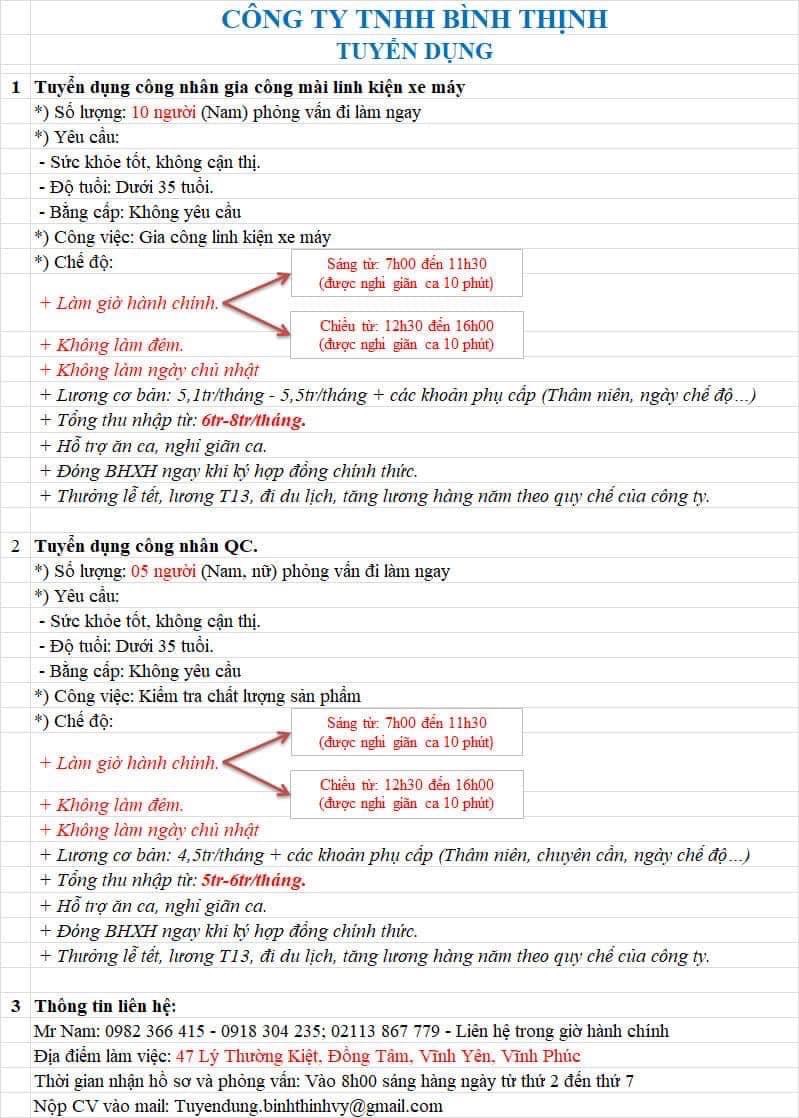 công ty TNHH bình thịnh hình ảnh tuyển dụng
