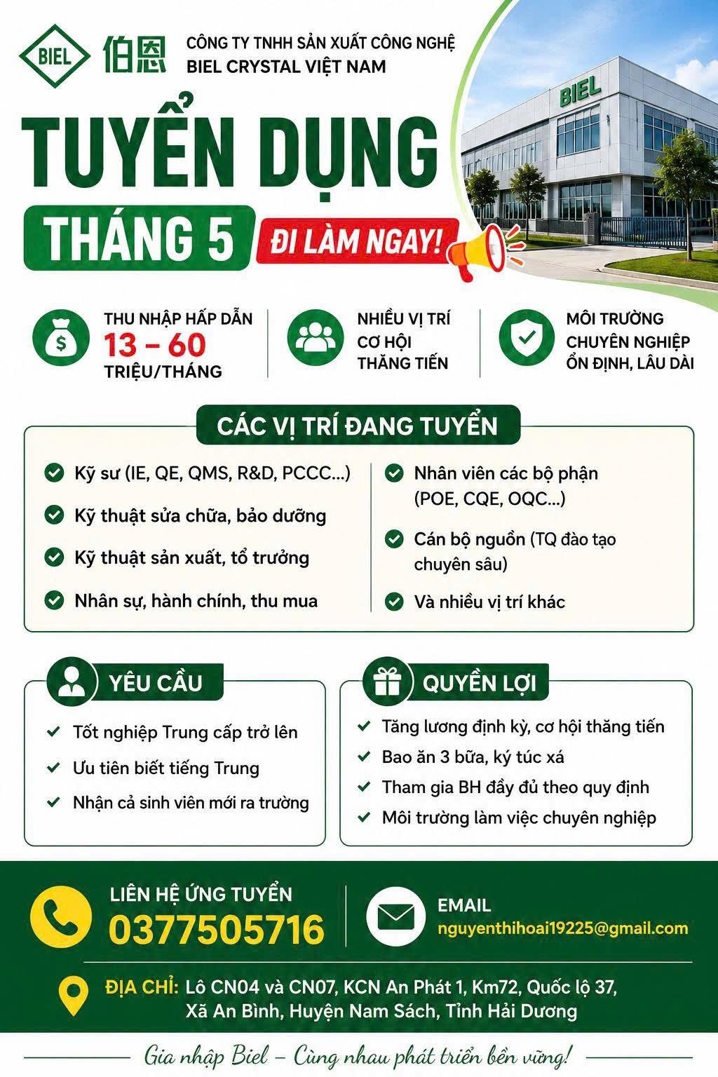 công ty TNHH sản xuất công nghệ biel crystal việt nam
công ty có 100% vốn trung quốc
chuyên sản xuất kính, mặt kính cho apple, samsung.. image