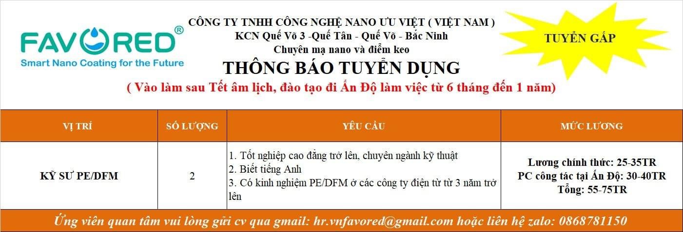 công ty TNHH công nghệ nano ưu việt - việt nam.
công ty chuyên mạ, điểm keo.
cần tuyển kỹ sư đi ấn độ làm việc image