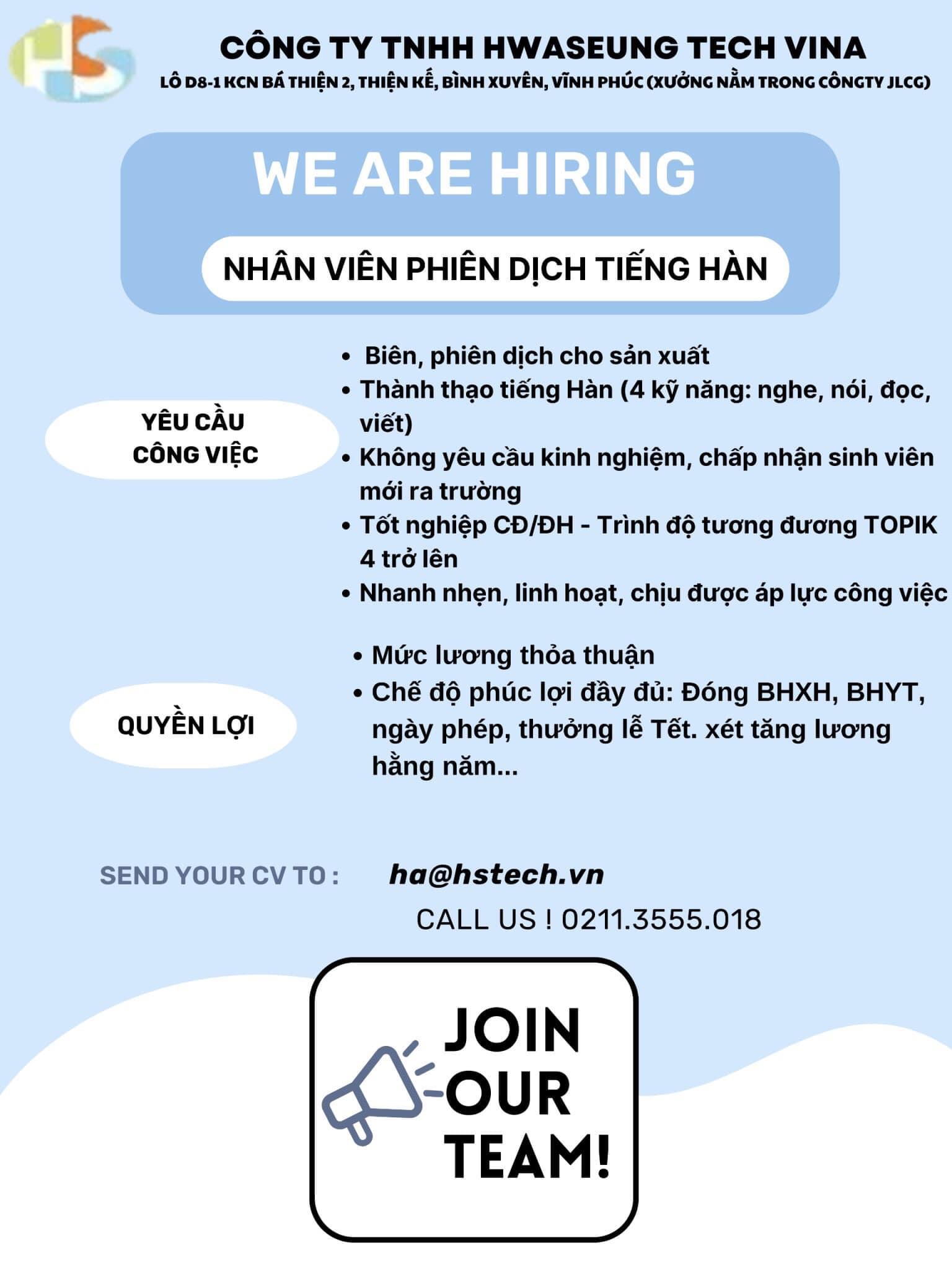 công ty TNHH hwaseung tech vina
công ti có 100% vốn hàn quốc.
Cần tuyển phiên dịch tiếng hàn quốc image