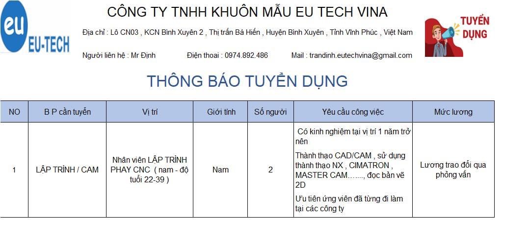 công ty TNHH khuôn mẫu eu tech vina.
công ty có 100% vốn hàn quốc.
chuyên gia công khuôn, bản mạch điện tử image