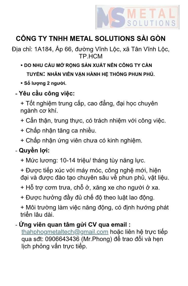 công ty TNHH metal solutions sài gòn hình ảnh tuyển dụng