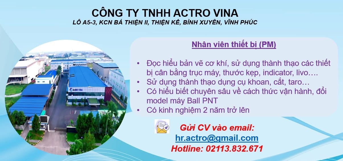 công ty TNHH actro vina
công ty có 100% vốn hàn quốc
công ty chuyên sản xuất linh kiện cho camera image