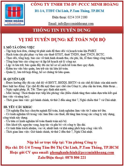 công ty TNHH tm-dv pccc minh hoàng hình ảnh tuyển dụng
