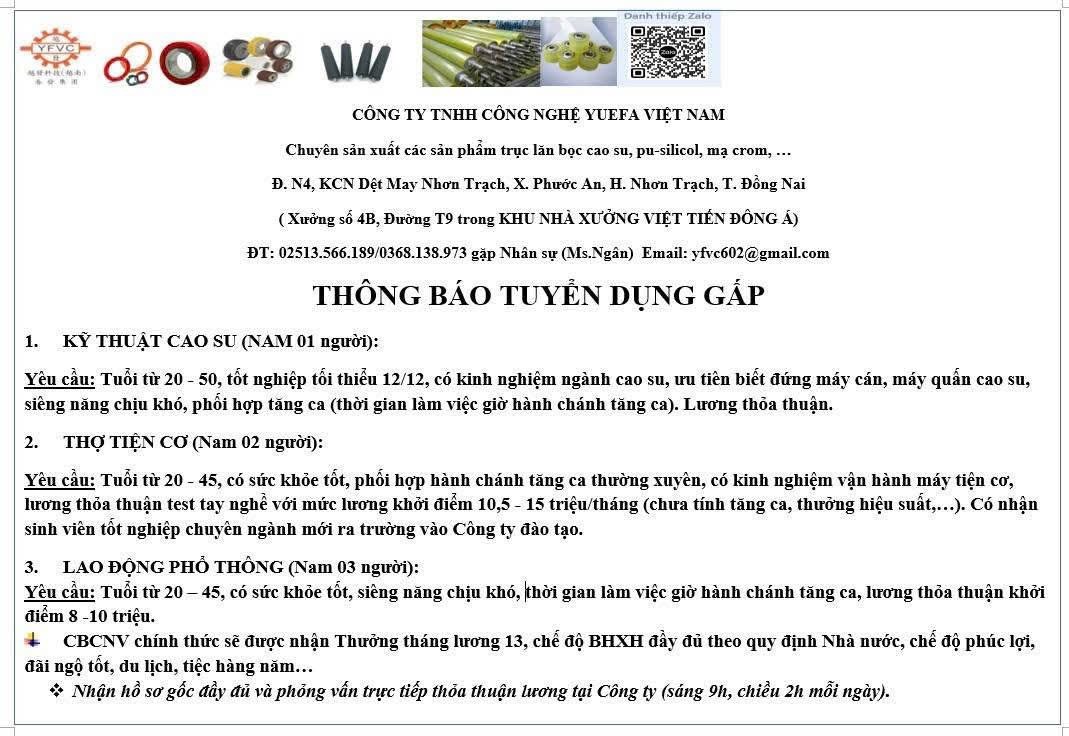 công ty TNHH công nghệ yuefa việt nam
công ty có 100% vốn nước ngoài.
chuyên sản xuất con lăn bằng cao su, tấm chắn cao su. image