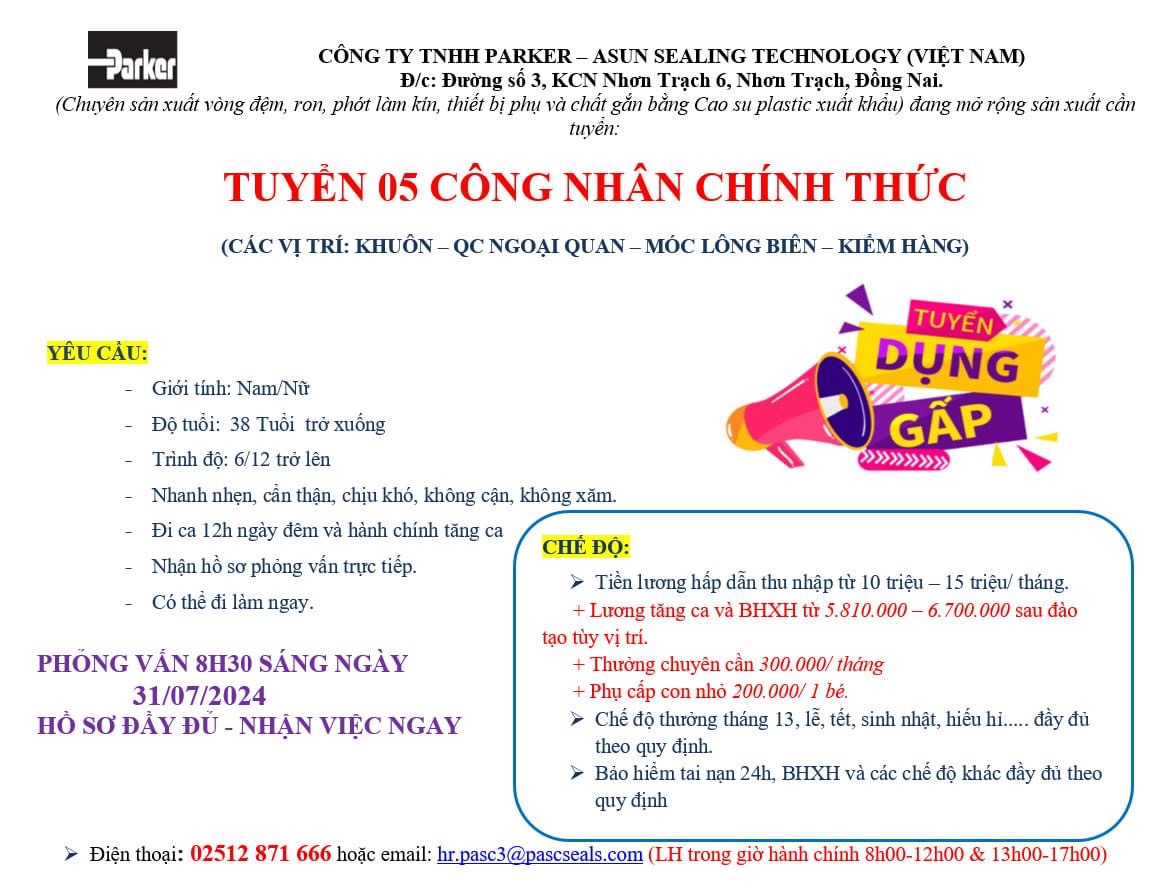 công ty TNHH parker asun sealing technology việt nam hình ảnh tuyển dụng