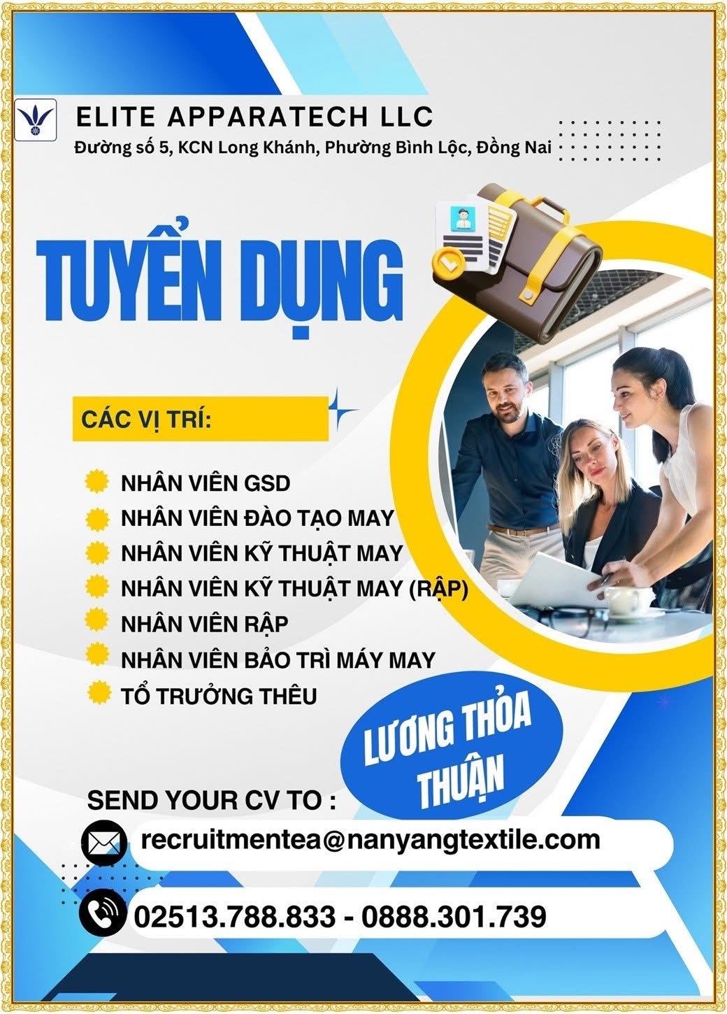 công ty TNHH elite apparatech 
công ty có 100% vốn thái lan
chuyên sản xuất may mặc image