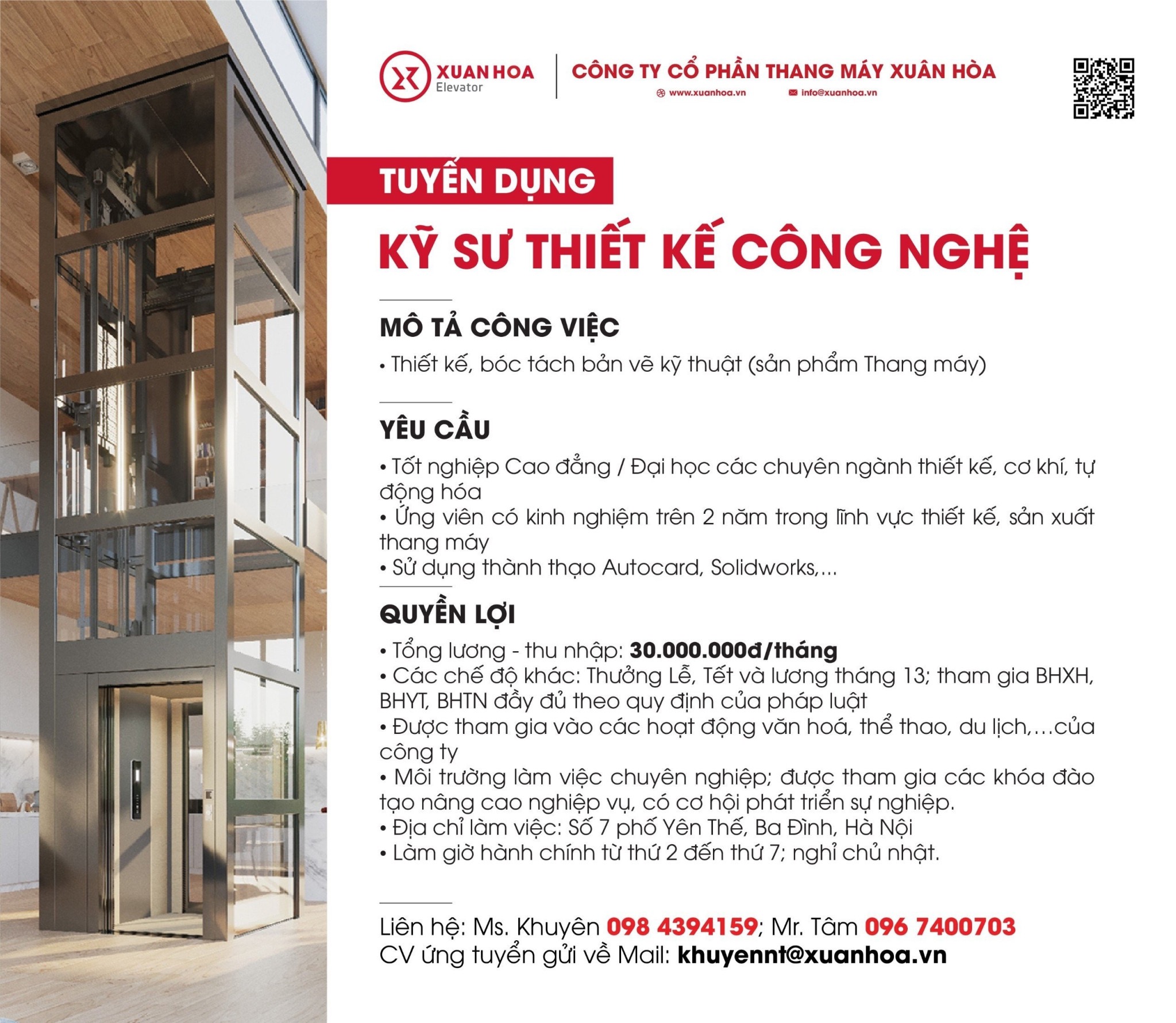 công ty cổ phần thang máy xuân hoà
chuyên sản xuất kinh doanh thang máy.
cần tuyển kỹ sư thiết kế  công nghệ image