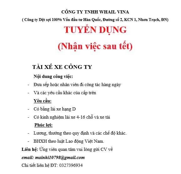 công ty TNHH whall vina
công ty có 100% vốn hàn quốc.
chuyên sản xuất sợ, dệt. image