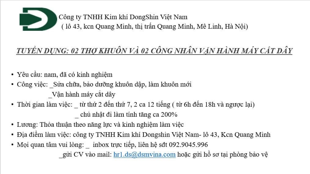 công ty TNHH kim khí dongshin việt nam
công ty có 100% vốn hàn quốc
chuyên sản xuất cấu kiện kim loại image