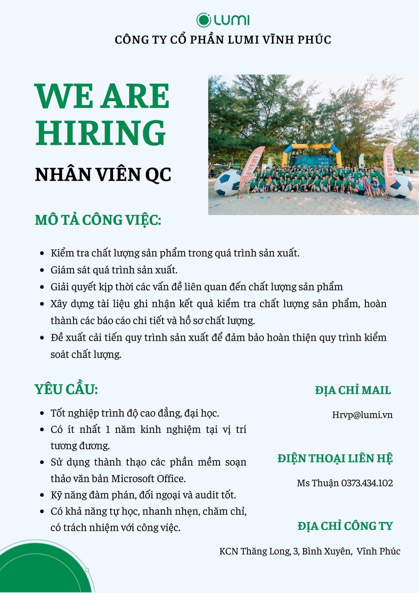 Công ti cổ phần lumi vĩnh phúc.
Tuyển nhân viên QC. image