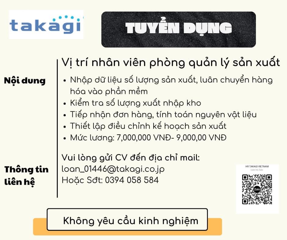 công ty TNHH takagi việt nam hình ảnh tuyển dụng