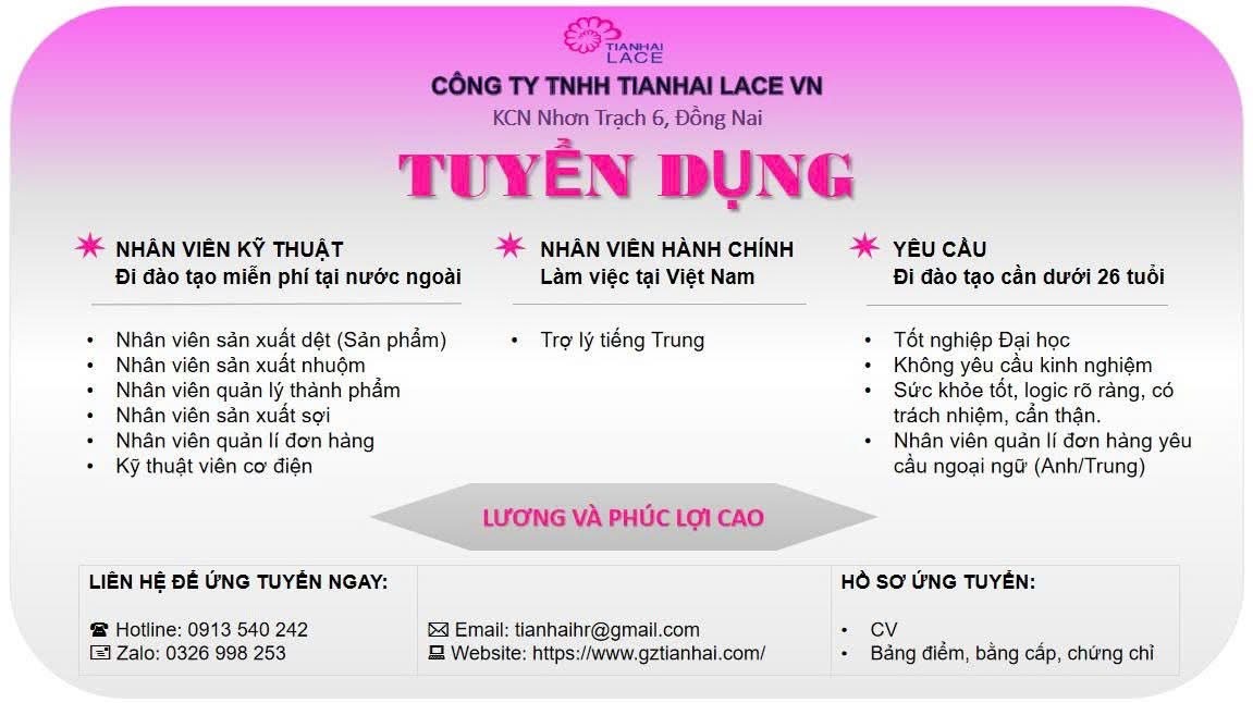 công ty TNHH tainhai lace vn
công ty có 100% vốn nước ngoài.
chuyên sản xuất ren dệt kim. image