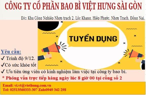 công ty cổ phần bao bì việt hưng sài gòn hình ảnh tuyển dụng