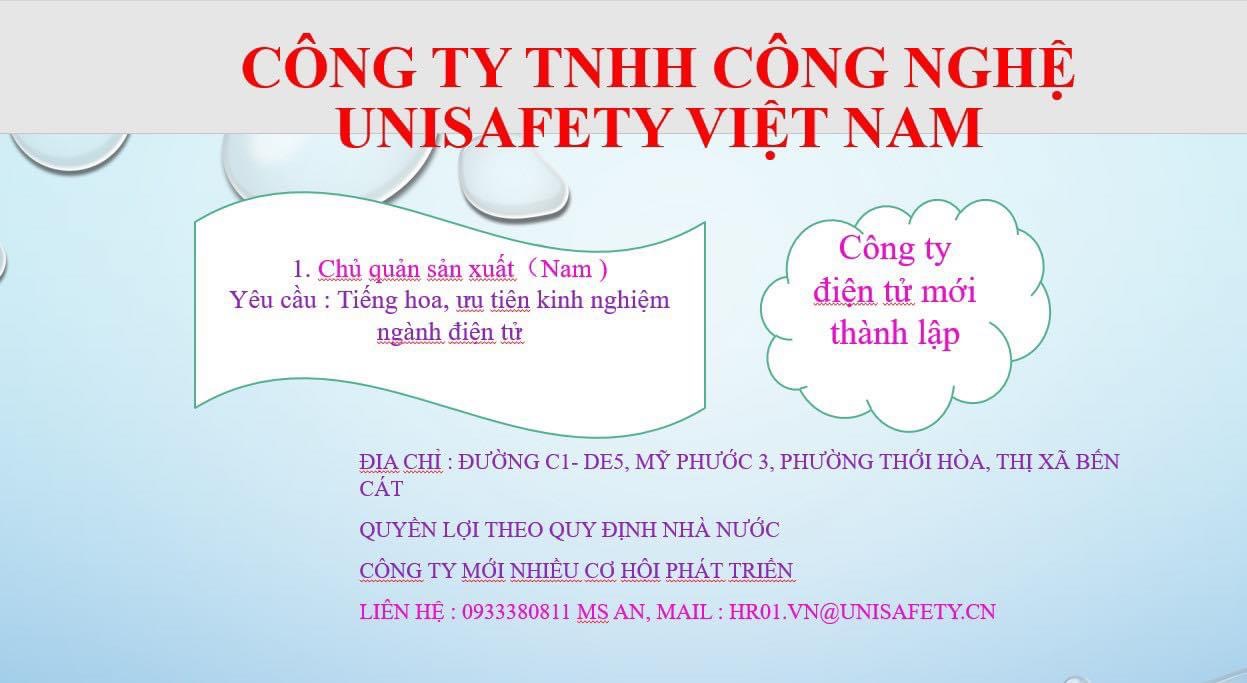 công ty TNHH công nghệ unisafety việt nam.
công ty có 100% vốn nước ngoài. mới thành lập.
công ty chuyên sản xuất linh kiện điện tử image