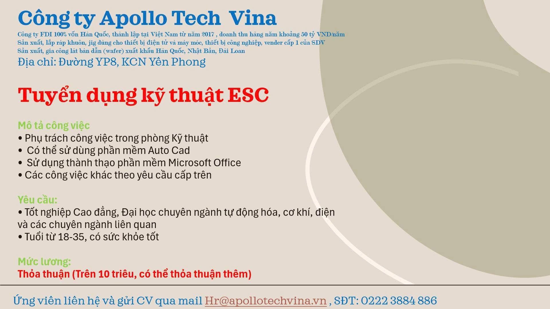 công ty TNHH apollo tech vina
công ty có 100% vốn hàn quốc.
Chuyên sản xuất khuôn gá cho màn hình điện thoại image