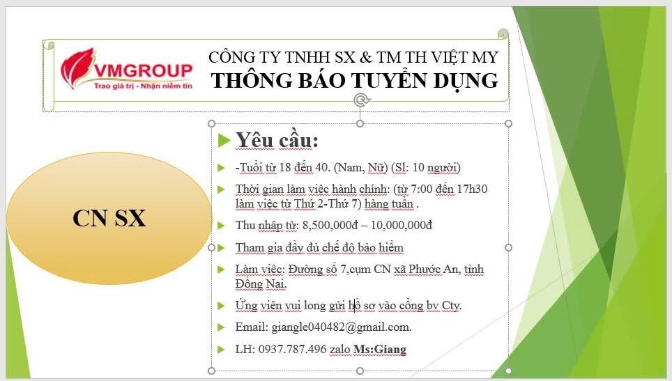 công ty TNHH sản xuất và thương mại tổng hợp việt my- đồng nai hình ảnh tuyển dụng