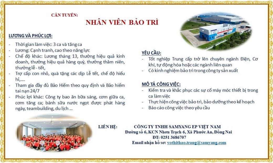 công ty TNHH samyang ep việt nam
công ty có 100% vốn hàn quốc.
chuyên sản xuất nhựa và cao su tổng hợp image