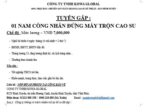 Công ti TNHH kowa global. Có 100% vốn đầu tư nhật bản. Chuyên sản xuất gioăng cao su kỹ thuật. image