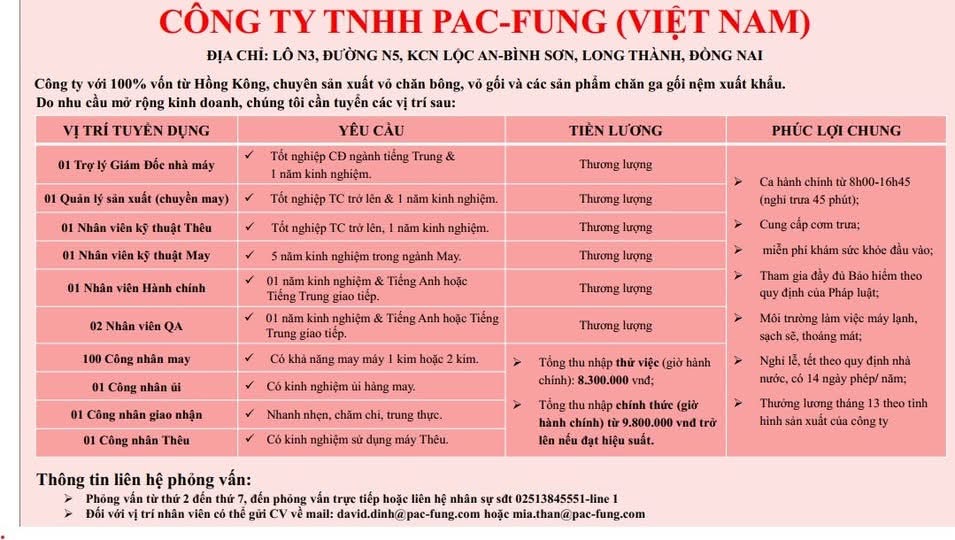 công ty TNHH pac-furn việt nam
công ty có 100% vốn hong kong.
công ty vỏ chăn bông, vỏ gối image