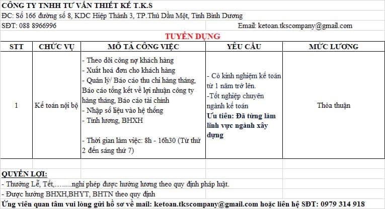 công ty TNHH tư vấn thiết kế tks hình ảnh tuyển dụng