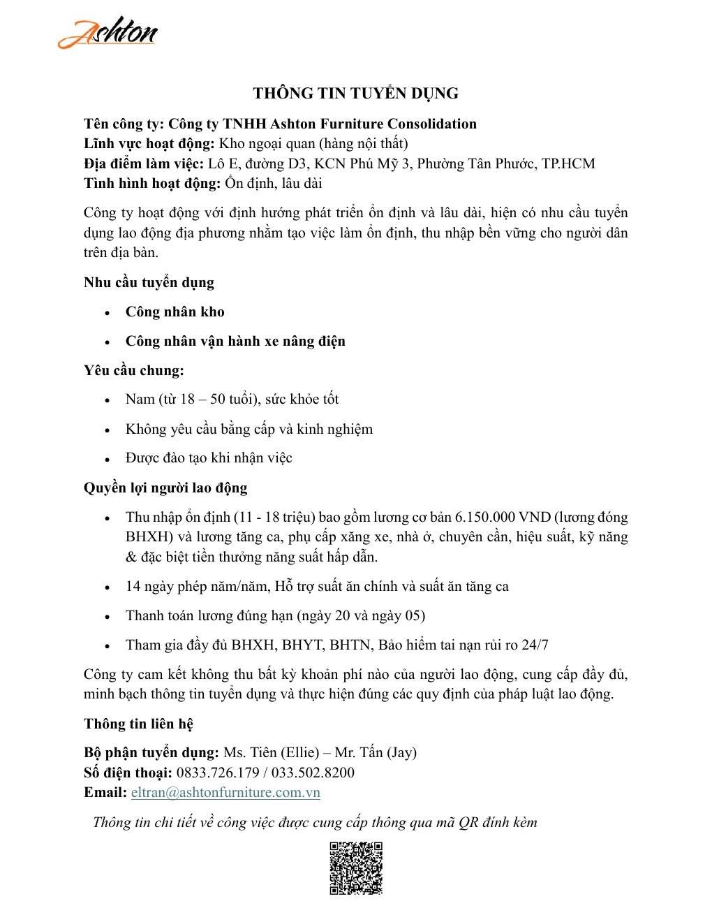 công ty TNHH ashton furniture consolidation hình ảnh tuyển dụng