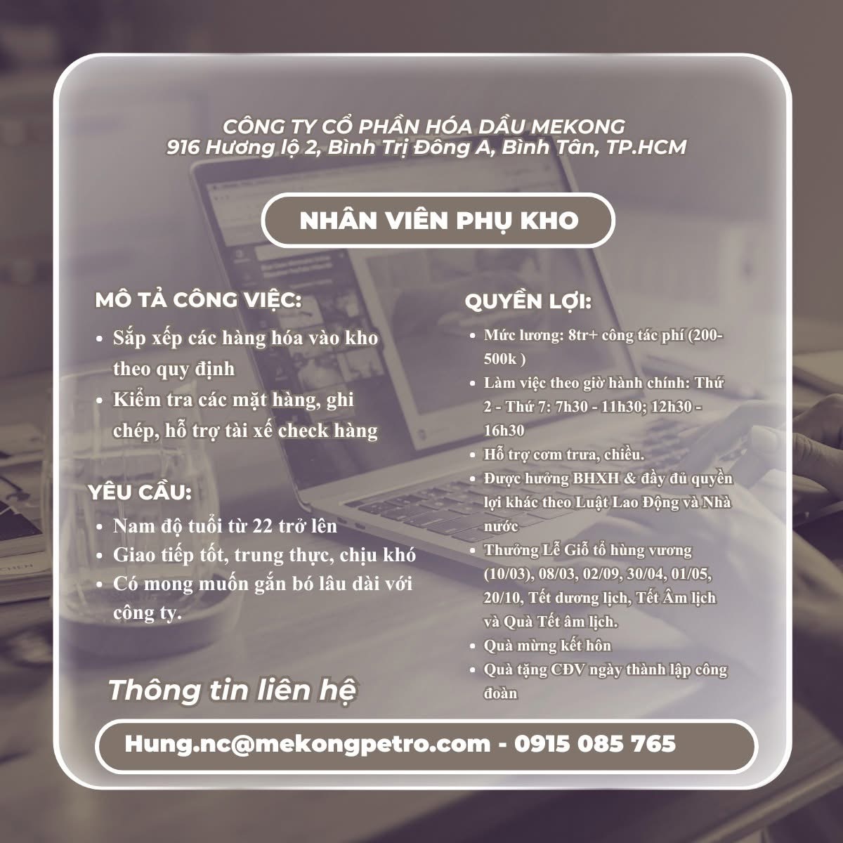 công ty cổ phần hoá dầu mekong, chi nhánh hồ chí minh
công ty chuyên kinh doanh dầu nhờn, dầu nhớt và các sản phẩm liên quan image