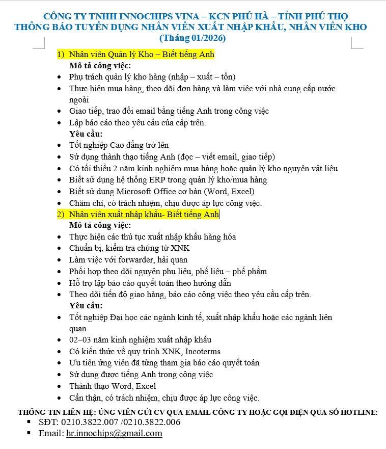 công ty TNHH innochip vina hình ảnh tuyển dụng