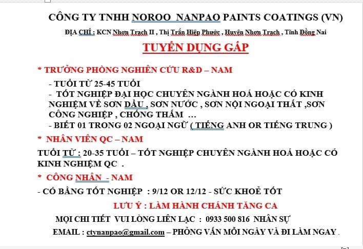 công ty TNHH noroo nanpao paints coatinggs việt nam.
công ty có 100% vốn nước ngoài gồm đài loan và hàn quốc
chuyên sản xuất keo dán giày, sơn, keo image