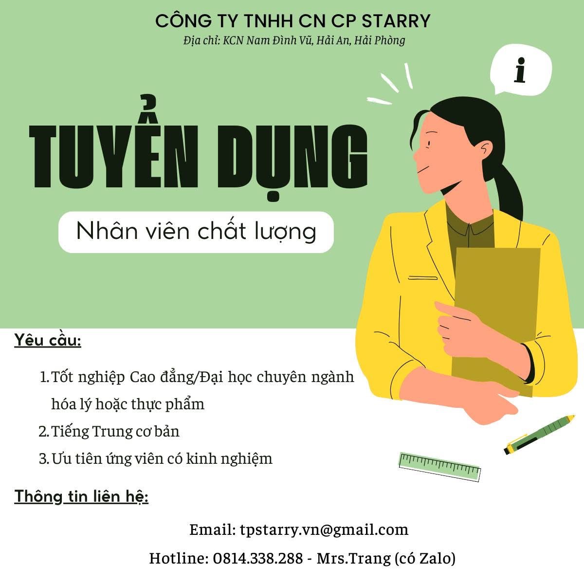 công ty TNHH công nghệ thực phẩm  starry
công ty có 100% vốn nước ngoài.
chuyên sản xuất các sản phẩm từ hạt, quả... image