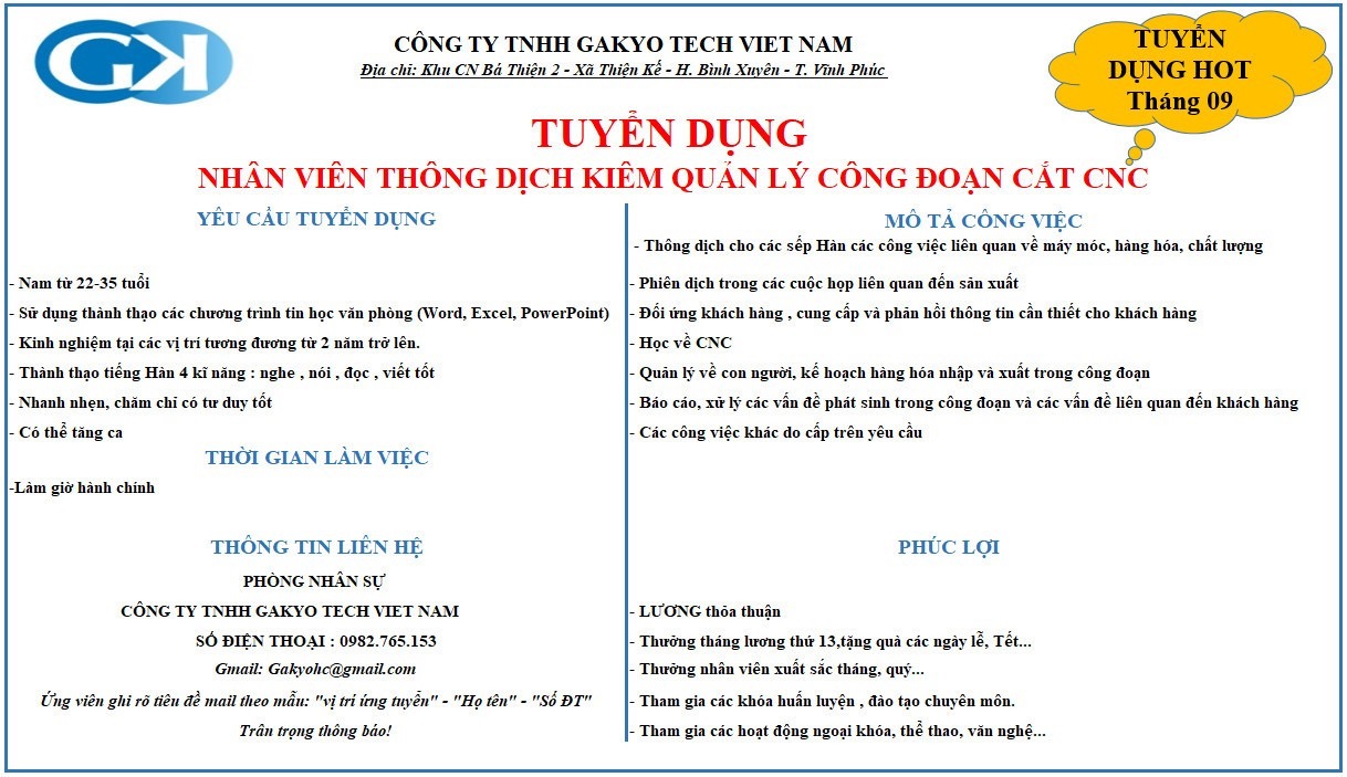 Công ti TNHH gakyo tech viẹt nam. có 100% vốn hàn quốc.
Cần tuyển thông dịch viên kiêm quản lý công đoạn cắt cnc image