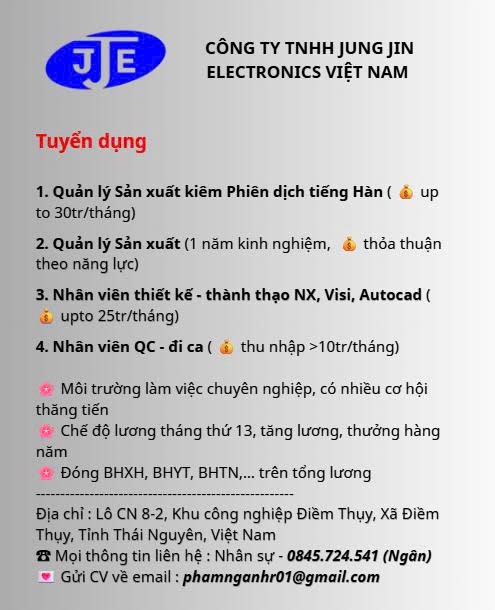công ty TNHH jung jin electronics việt nam hình ảnh tuyển dụng