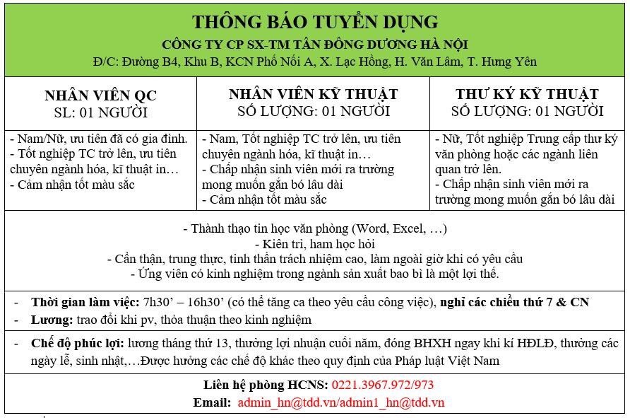 công ty cổ phần sản xuất thương mại tân đông dương hà nội hình ảnh tuyển dụng