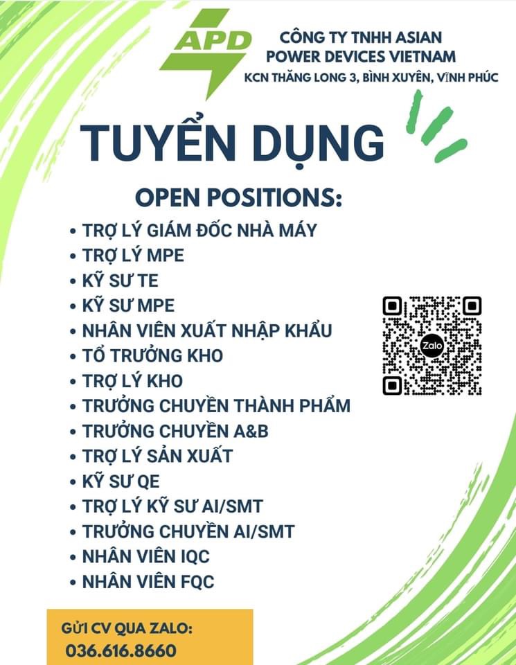 công ty TNHH asian power devisec việt nam
công ty có 100% vốn nước ngoài.
chuyên sản xuất linh kiện điện tử.
dự kiến 6/2024 đi vào hoạt động image