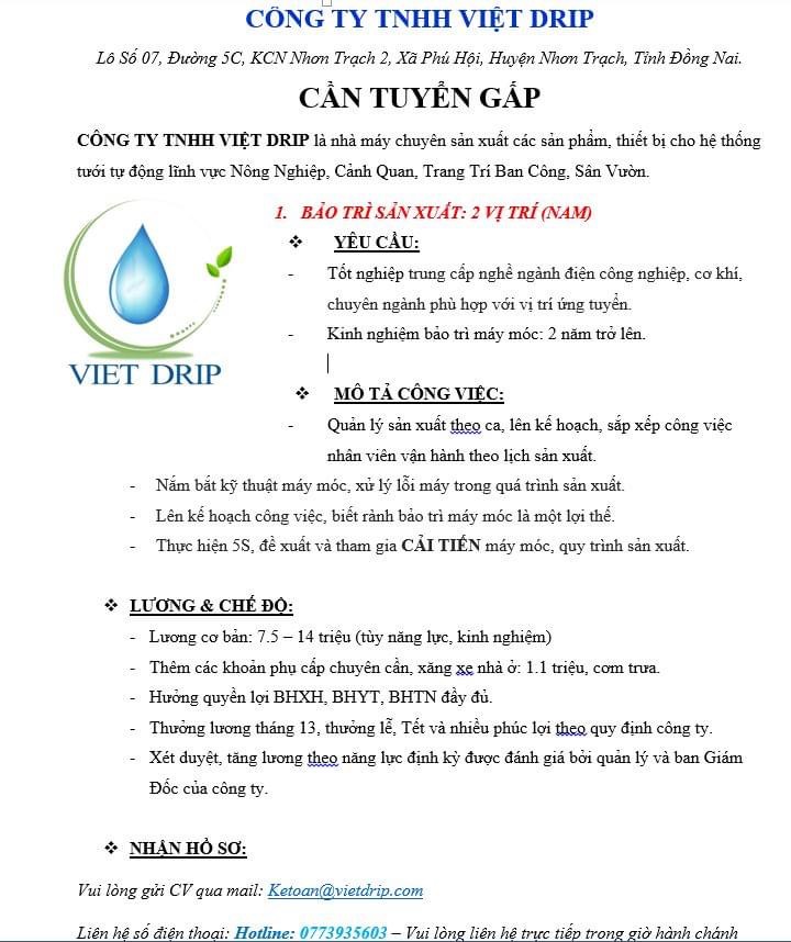 công ty TNHH việt drip hình ảnh tuyển dụng