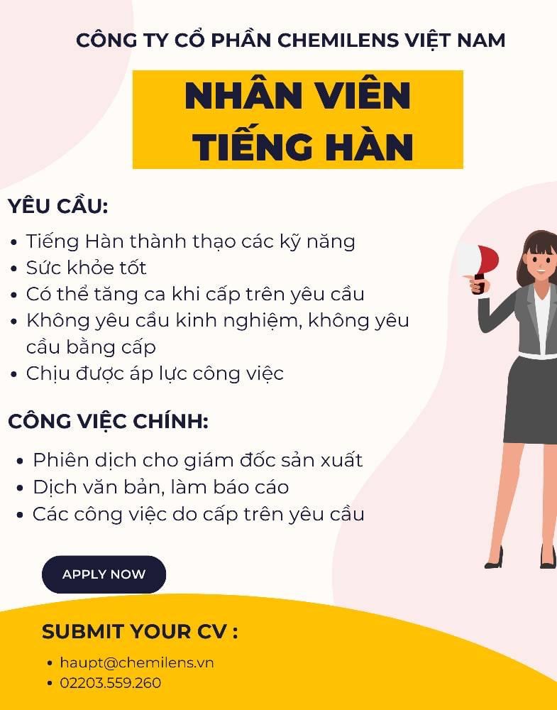 công ty cổ phần chemmilens việt nam 
công ty có vốn hàn quốc
chuyên sản xuất mắt kính, thiết bị y tế.. image