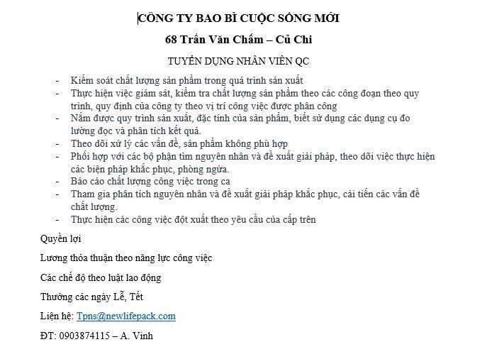 công ty TNHH mtv thương mại dịch vụ in bao bì cuộc sống mới hình ảnh tuyển dụng