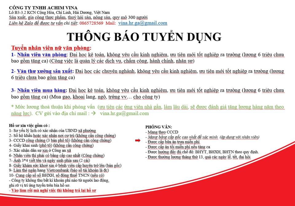 công ty TNHH achim vina hình ảnh tuyển dụng