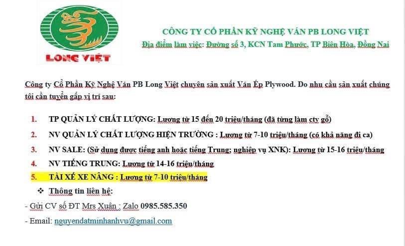 công ty cổ phần kỹ nghệ ván pb long việt hình ảnh tuyển dụng