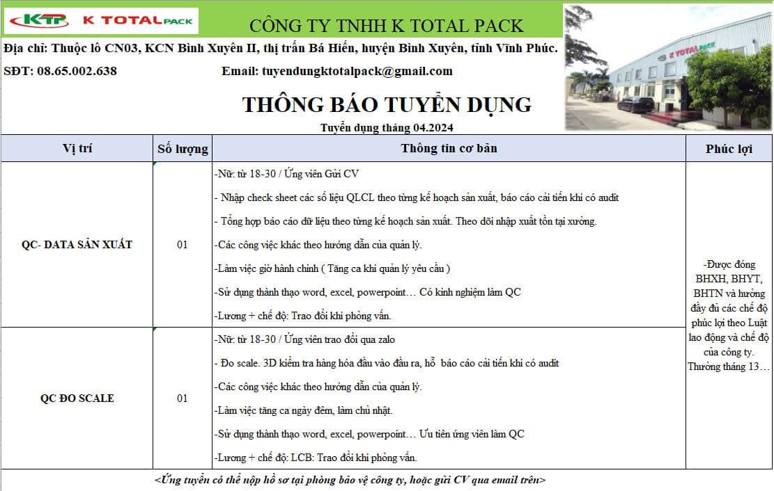 công ty TNHH k total pack hình ảnh tuyển dụng