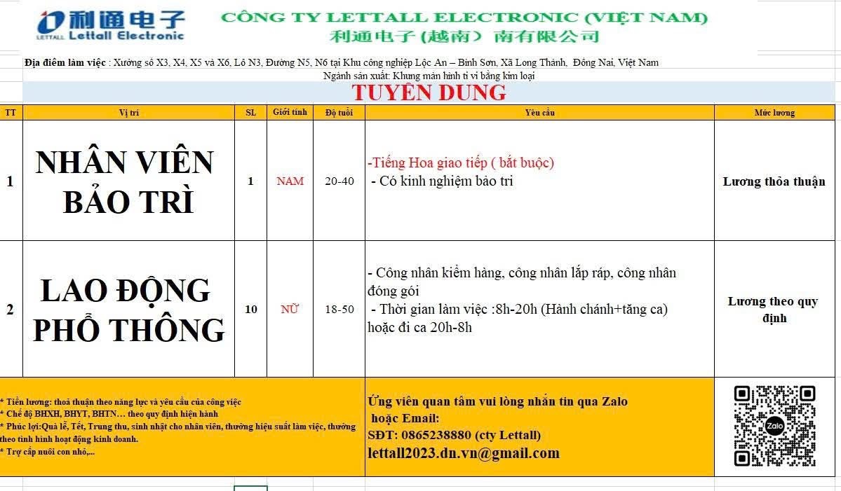 công ty TNHH lettall eletronic việt nam
công ty có 100% vốn trung quốc
chuyên sản xuất khung hình ti vi bằng kim loại image