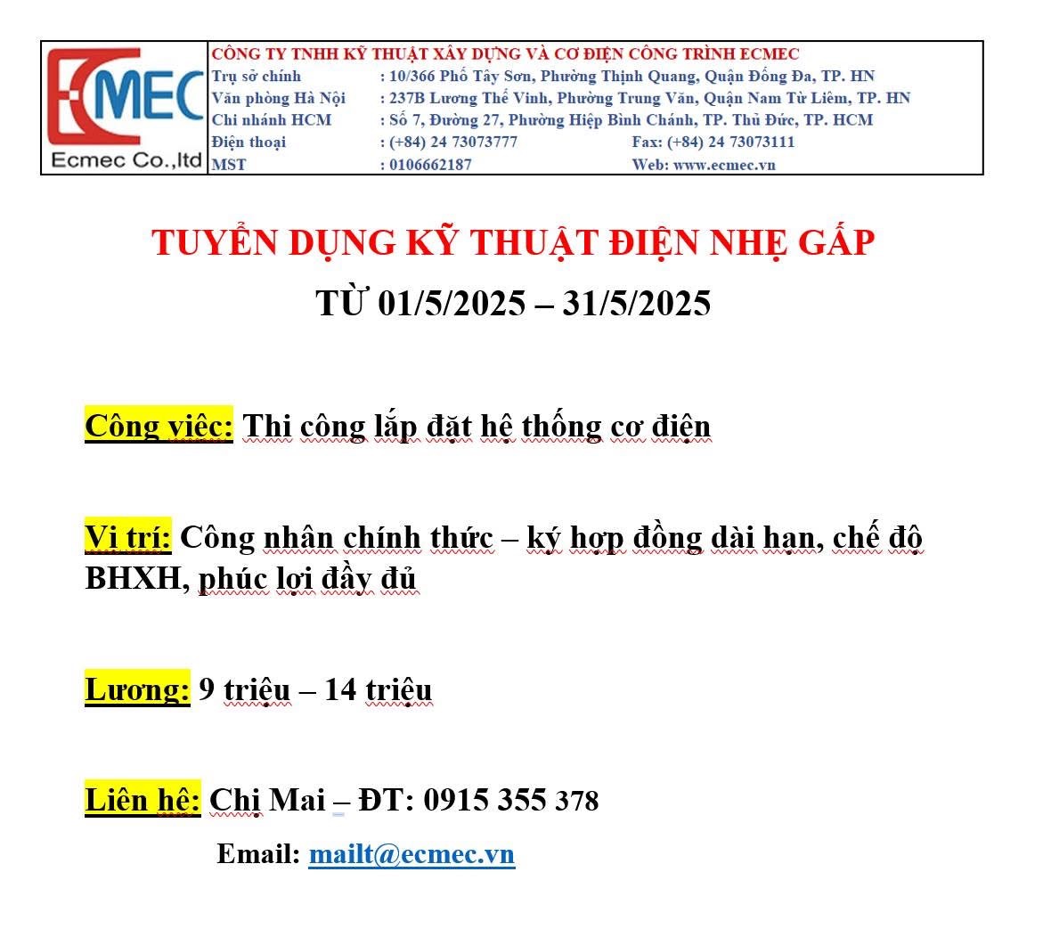 công ty TNHH kỹ thuật xây dựng và cơ điện công trình ecmec hình ảnh tuyển dụng
