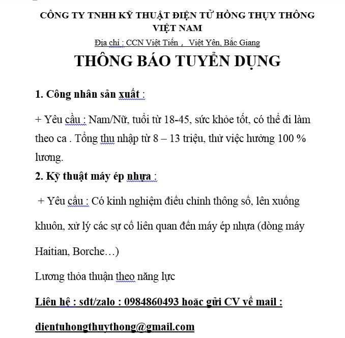 công ty TNHH kỹ thuật điện tử hồng thuỵ thông.
công ty có vốn đài loan.
chuyên sản xuất khuôn nhựa và các sản phẩm nhựa image