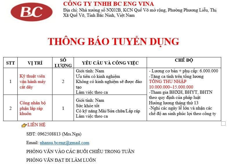 công ty TNHH BC eng vina hình ảnh tuyển dụng