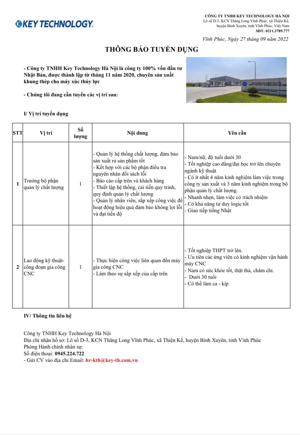 công ti TNHH key technology hình ảnh tuyển dụng