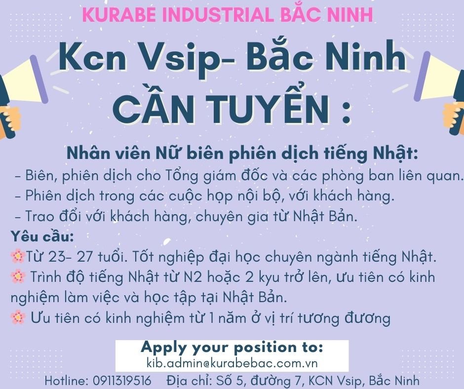 công ty TNHH kurabe industrial bắc ninh
công ty có  100% vốn nhật bản.
chuyên sản xuất linh kiện điện tử
 image