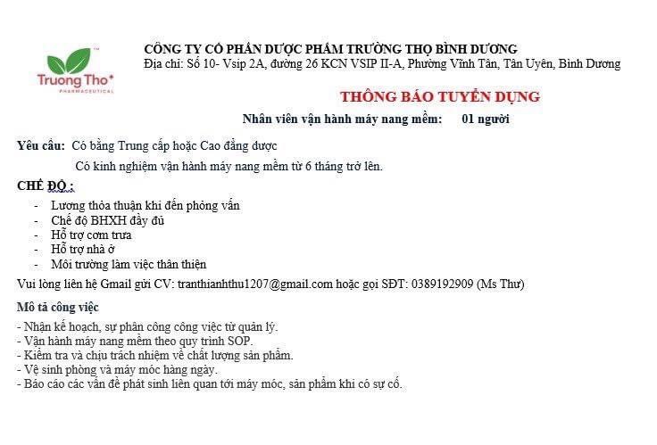 công ty cổ phần dược phẩm trường thọ bình dương hình ảnh tuyển dụng