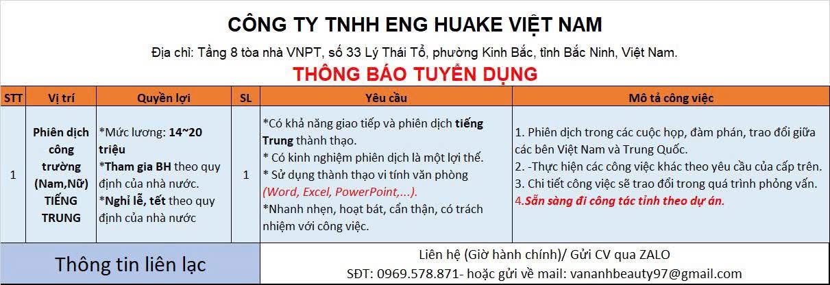 công ty TNHH eng huake việt nam hình ảnh tuyển dụng