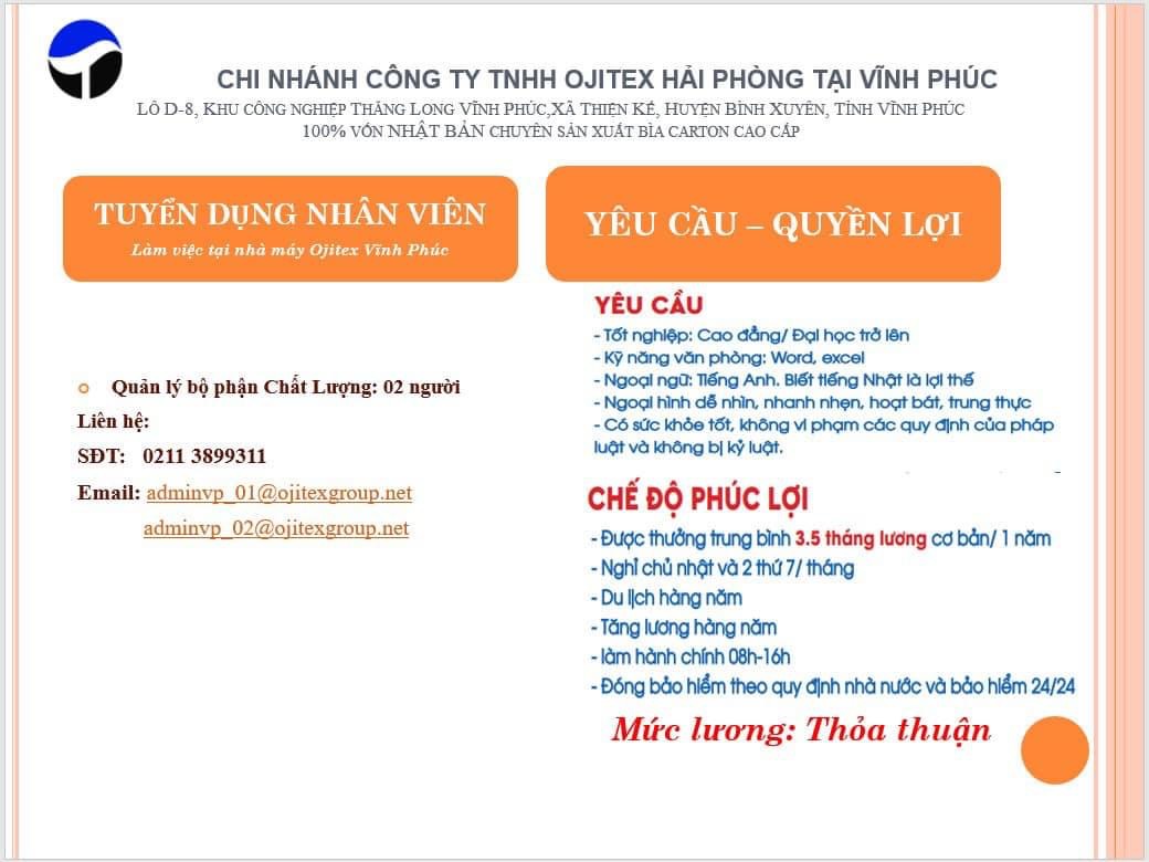 Công ti TNHH ojitex hải phòng tại vĩnh phúc hình ảnh tuyển dụng