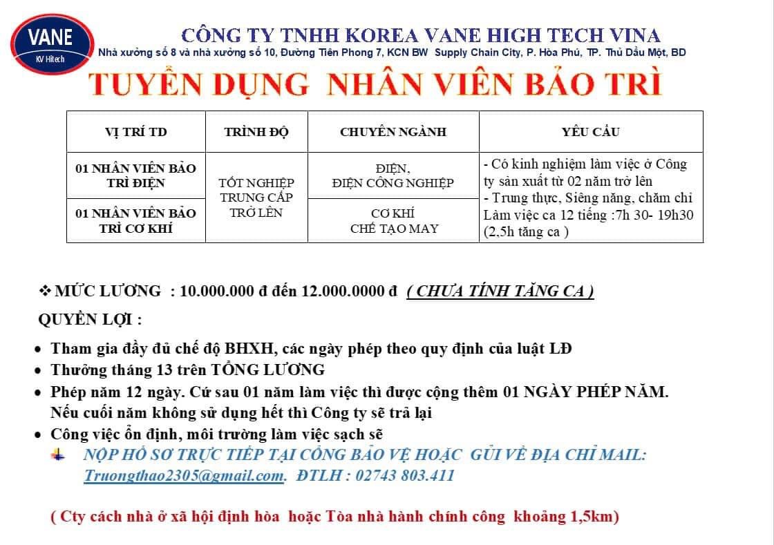 công ty TNHH korea vane high tech vina hình ảnh tuyển dụng